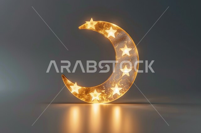 ديكورات وزينة رمضان المبارك، مجسم ثلاثي الابعاد لهلال باللون الذهبي مع نجوم معلقة، تصاميم اسلامية مميزة، الاحتفال بالمناسبات والأعياد الدينية، البهجة بقدوم شهر الخير