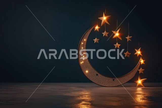 ديكورات وزينة رمضان المبارك، مجسم ثلاثي الابعاد لهلال باللون الذهبي مع نجوم معلقة، تصاميم اسلامية مميزة، الاحتفال بالمناسبات والأعياد الدينية، البهجة بقدوم شهر الخير