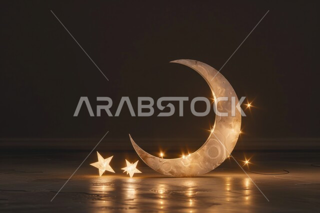 ديكورات وزينة رمضان المبارك، مجسم ثلاثي الابعاد لهلال باللون الذهبي مع نجوم معلقة، تصاميم اسلامية مميزة، الاحتفال بالمناسبات والأعياد الدينية، البهجة بقدوم شهر الخير