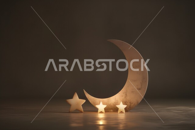 ديكورات وزينة رمضان المبارك، مجسم ثلاثي الابعاد لهلال باللون الذهبي مع نجوم معلقة، تصاميم اسلامية مميزة، الاحتفال بالمناسبات والأعياد الدينية، البهجة بقدوم شهر الخير