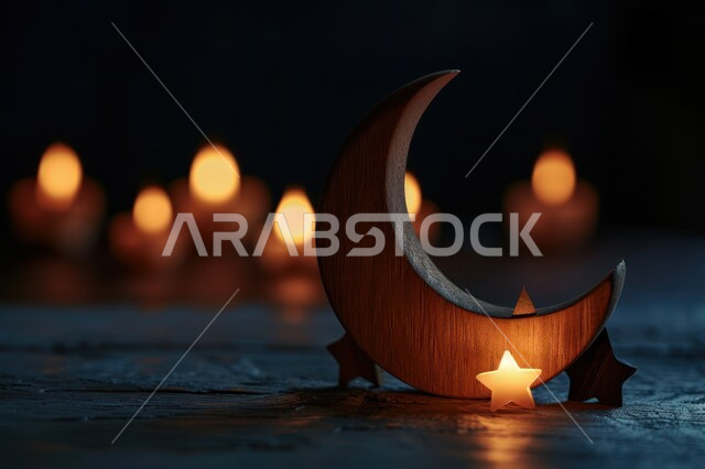 3D model of a golden crescent moon with hanging stars, distinctive Islamic designs, celebrating religious occasions and holidays, joy in the coming of the month of goodness, Ramadan decorations and ornaments