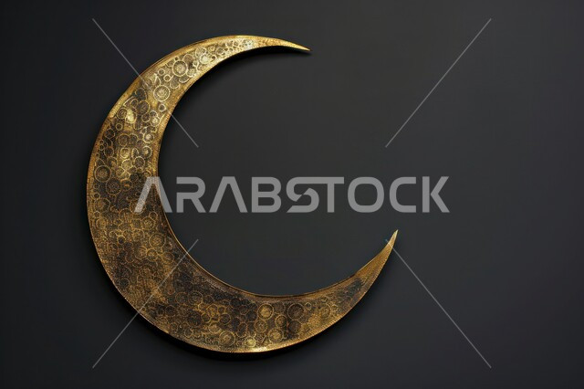مجسم ثلاثي الابعاد لهلال مزخرف باللون الذهبي، ديكورات وتصاميم اسلامية، الاحتفال بالمناسبات والأعياد الدينية، البهجة بقدوم شهر الخير، ديكورات وزينة رمضان المبارك، خلفية سوداء