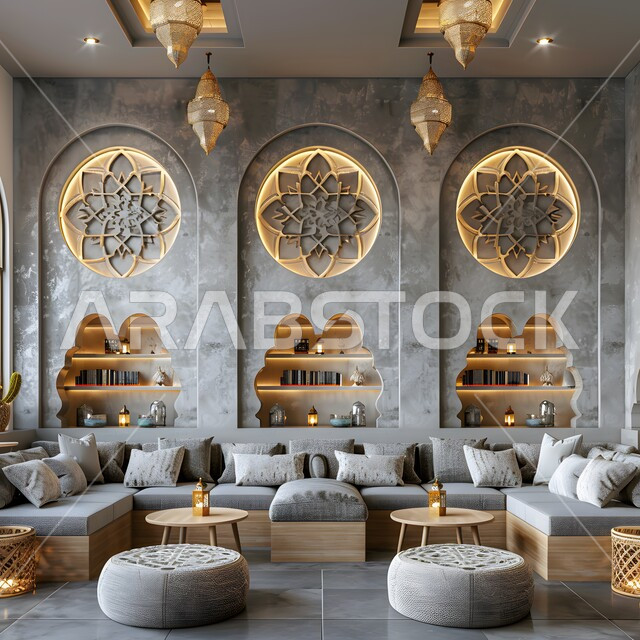 أماكن هادئة للمطالعة والقراءة, تصاميم عصرية حديثة للمكتبات في السعودية، الديكور الداخلي لصالة جلوس بأثاث أنيق ومريح، رفوف خشبية ممتلئة بالكتب والقصص والمجلدات المرتبة