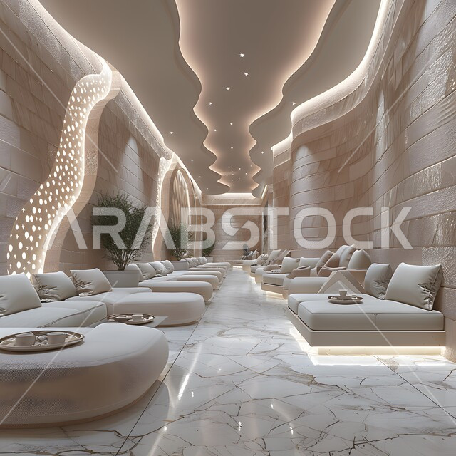 صالة سبا للاسترخاء بتصميم داخلي باللون الأبيض وأرضية رخامية، التصاميم والديكورات الهندسية الراقية، مجموعة من الأسرة الأنيقة والمريحة، الديكور الداخلي الراقي، الاكسسوارات والتحف والإضاءة المميزة