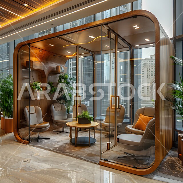 غرف مكتبية بتصاميم وديكورات داخلية فخمة، التصميم العصري الحديث للمكاتب في الشركات السعودية، النوافذ والواجهات الزجاجية، غرفة اجتماعات واسعة مع طاولة محاطة بكراسي