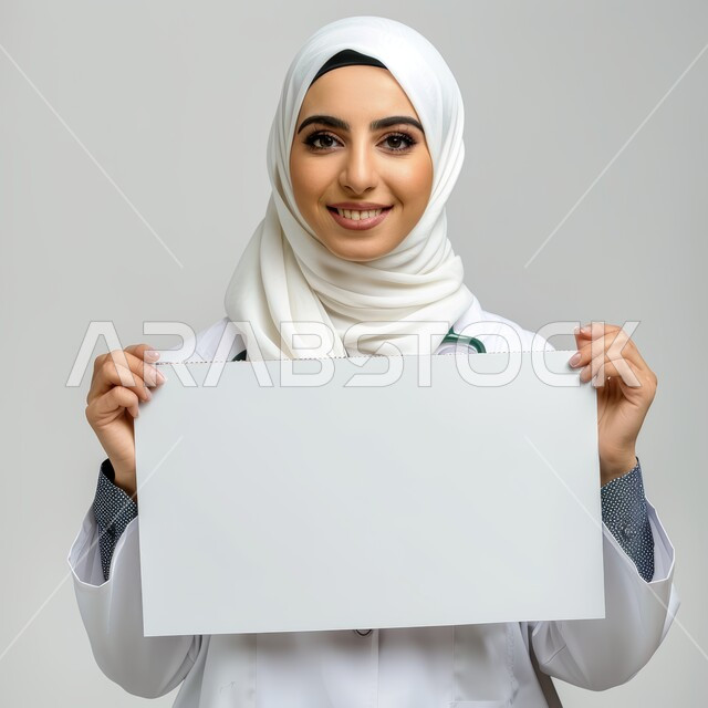 موك اب مربع أبيض كبير، عرض إعلانات وعروض تسويقية، استخدام لوحات توضيحية ووسائل تعليمية، بورتريه لامرأة عربية خليجية سعودية محجبة مبتسمة ترتدي المعطف الابيض والسماعات الطبية تحمل بيديها لوحه بيضاء مربعه فارغة تنظر إلى الكاميرا بايماءات السرور، خلفية رمادية.