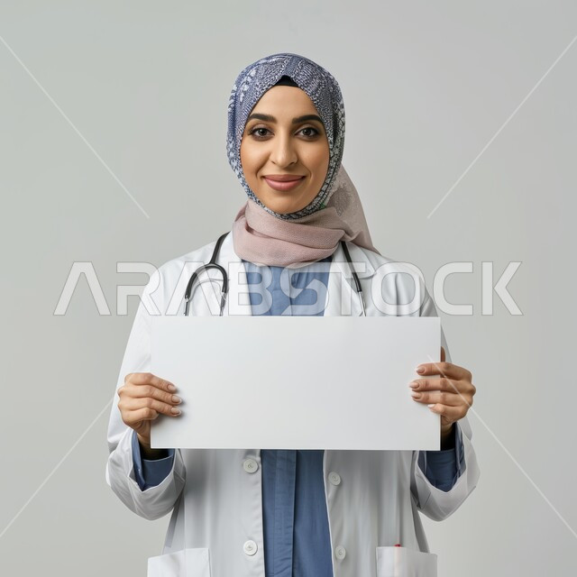 موك اب مربع أبيض كبير، عرض إعلانات وعروض تسويقية، استخدام لوحات توضيحية ووسائل تعليمية، بورتريه لامرأة عربية خليجية سعودية محجبة مبتسمة ترتدي المعطف الابيض والسماعات الطبية تحمل بيديها لوحه بيضاء مربعه فارغة تنظر إلى الكاميرا بايماءات السرور، خلفية رمادية.
