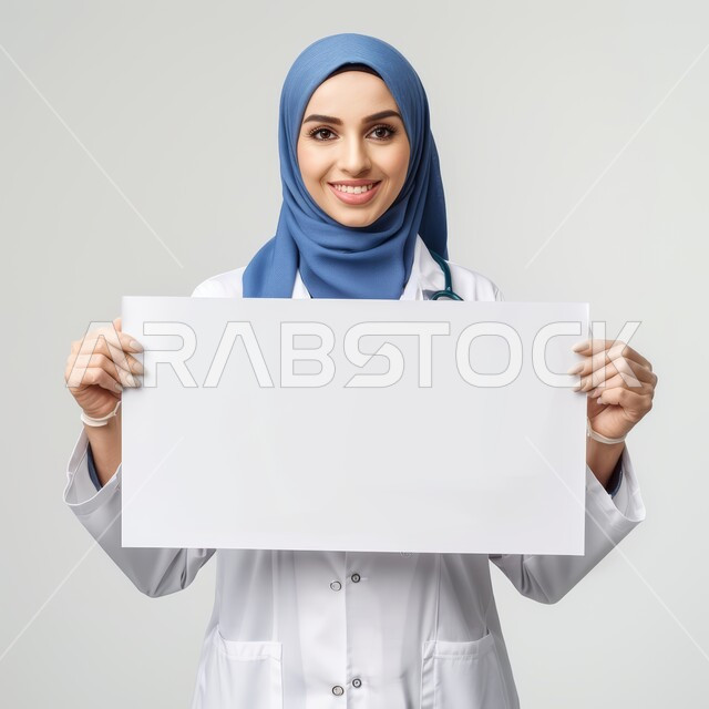 Large white square mockup, advertising and marketing presentation, using illustrations and educational tools, portrait of a smiling veiled Saudi Arabian Gulf woman wearing a white coat and stethoscope, holding a blank square white board in her hands, looking at the camera with gestures of pleasure, gray background.