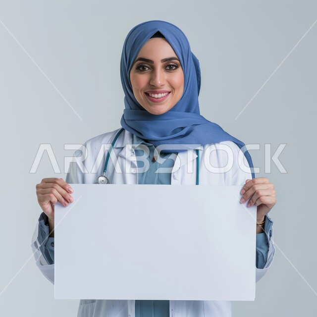 موك اب مربع أبيض كبير، عرض إعلانات وعروض تسويقية، استخدام لوحات توضيحية ووسائل تعليمية، بورتريه لامرأة عربية خليجية سعودية محجبة مبتسمة ترتدي المعطف الابيض والسماعات الطبية تحمل بيديها لوحه بيضاء مربعه فارغة تنظر إلى الكاميرا بايماءات السرور، خلفية رمادية.