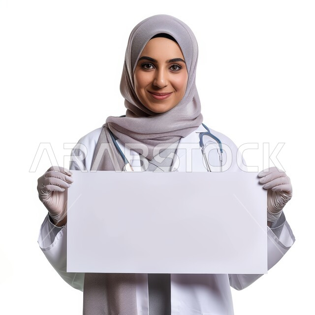 Large white square mockup, advertising and marketing presentation, using illustrations and educational tools, portrait of a smiling veiled Saudi Arabian Gulf woman wearing a white coat and stethoscope holding a blank square white board in her hands looking at the camera with gestures of pleasure, white background