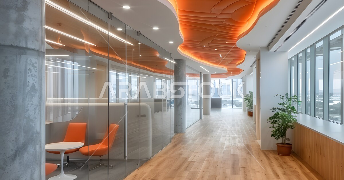 Long empty corridor of an office company with high-end decor, high-end ...
