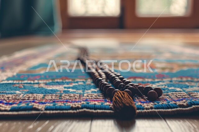 مفهوم التسبيح والتهليل، الإجتهاد في العباده والتقرب الى الله في شهر رمضان المبارك, صورة مقربة من الاسفل لسبحة على سجادة الصلاة, الإكثار من ذكر الله تعالى من خلال الإستغفار والدعاء، الالتزام بالأذكار اليومية