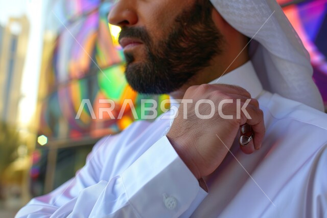 مفهوم الرجولة و الأناقة والشياكة, صورة مقربة لرجل عربي خليجي سعودي يرتدي الزي التقليدي يقوم بتعديل الثوب، الاهتمام بالمظهر الخارجي