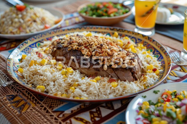 Types of Eastern Arab foods on the tables of the holy month of Ramadan, the time of breaking the fast at sunset, restaurants and kitchens of the Kingdom of Saudi Arabia, a table full of delicious foods and appetizers, meals and main dishes on the dining table