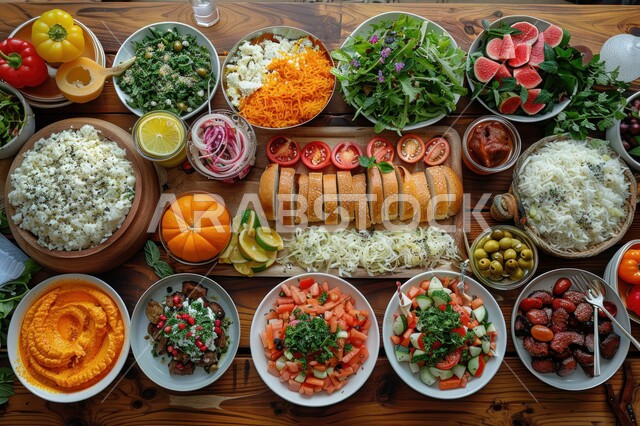  أنواع الأطعمة الشرقية العربية في موائد شهر رمضان المبارك، موعد الإفطار عند اذان المغرب، مطاعم ومطابخ المملكة العربية السعودية، سفرة مليئة بأصناف المأكولات والمقبلات الشهية، الوجبات والأطباق الرئيسية على مائدة الطعام