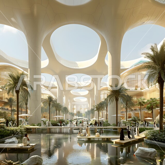 تصاميم عصرية مميزة لحوض السباحة الأزرق، الاهتمام في زراعه اشجار النخيل والنباتات الخضراء في حديقة مجمع سكني فاخر، الاستجمام بالأجواء الهادئة والمناظر الطبيعية، الفن الهندسي المعماري للشقق و الفلل السكنية