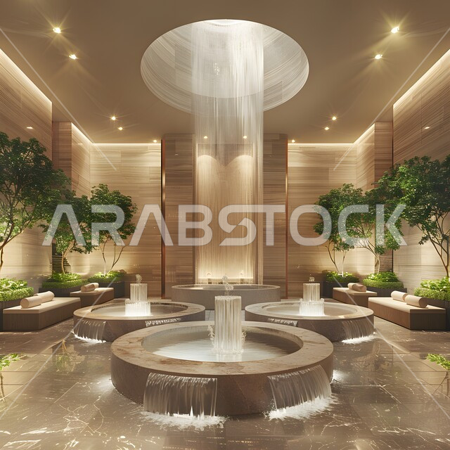 الاستجمام بالأجواء الهادئة والمناظر الطبيعية، تصاميم عصرية مميزة لنافورة المياه، الاهتمام في زراعه الاشجار والنباتات الخضراء في حديقة مجمع سكني فاخر، الفن الهندسي المعماري للشقق و الفلل السكنية