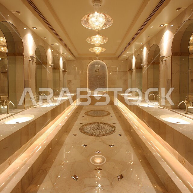 حمام بديكورات داخلية معاصرة, مغاسل فاخرة مع مرايا كبيرة, التصاميم العصرية للحمامات في المملكة، دورة مياه رخامية فاخرة في إحدى الفنادق والمنتجعات، الاكسسوارات والأضاءة المميزة