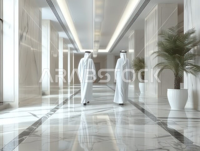 الفن الهندسي المعماري على الطراز الحديث، صورة من الخلف لرجلان عربيان خليجيان سعوديان يرتديان الثوب التقليدي والشماغ يتجولان في بهو، النمو والتقدم المعماري، الاستمتاع بالاستكشاف مع الاصدقاء، قضاء وقت ممتع في التجول