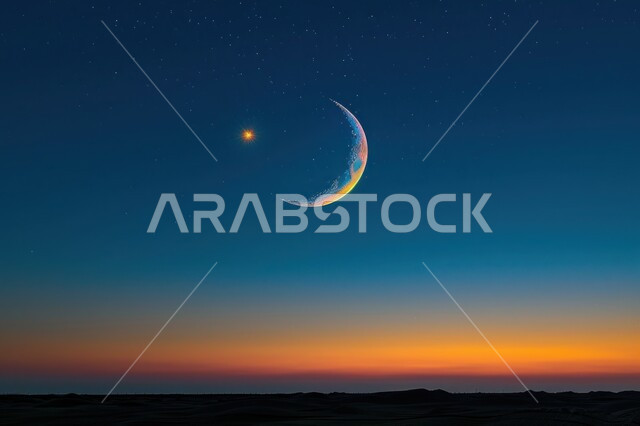 الاستمتاع بالمناظر الطبيعية المتميزة، قدوم شهر رمضان المبارك، تصاميم توضيحية ثلاثية الأبعاد للهلال المضيء في السماء ليلا، خلفيات دينية اسلامية، منظر النجوم المتناثرة الساطعة