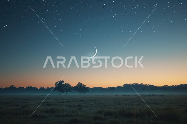 الاستمتاع بالمناظر الطبيعية المتميزة، قدوم شهر رمضان المبارك، تصاميم توضيحية ثلاثية الأبعاد للهلال المضيء في السماء ليلا، خلفيات دينية اسلامية، منظر النجوم المتناثرة الساطعة