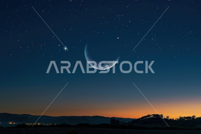 الاستمتاع بالمناظر الطبيعية المتميزة، قدوم شهر رمضان المبارك، تصاميم توضيحية ثلاثية الأبعاد للهلال المضيء في السماء ليلا، خلفيات دينية اسلامية، منظر النجوم المتناثرة الساطعة