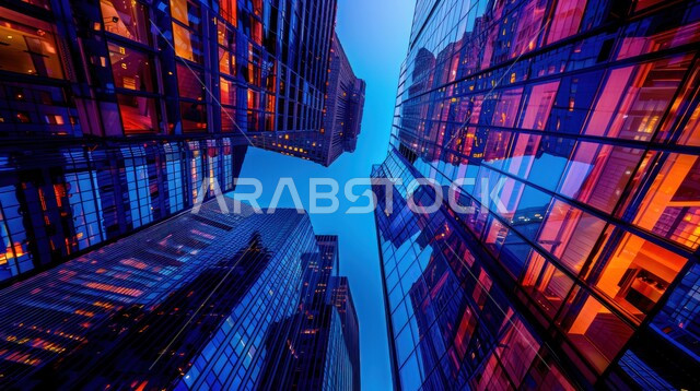 Urban growth and development in Saudi Arabia, the architectural art of famous buildings and skyscrapers in the Kingdom, achieving economic and commercial renaissance, a close-up image from below of the towers in the city of Riyadh