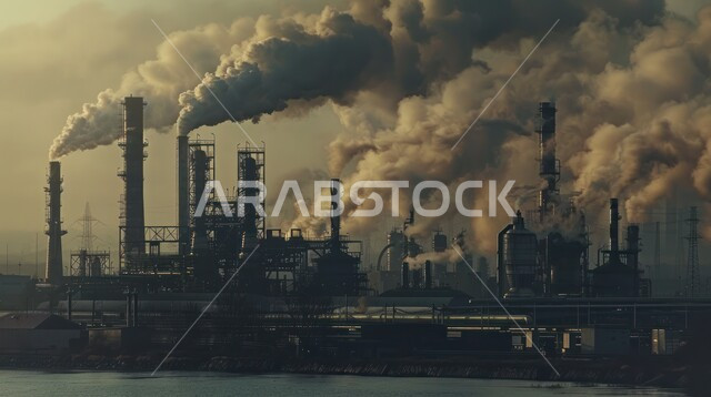 Smoke rising from factories and polluting the environment, industrial plants in the Kingdom of Saudi Arabia, development industries contributing to the renaissance of the Saudi national economy, large and huge warehouses and tanks, an industrial station with towers and metal structures, reliance on local national production