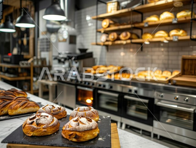 المنتجات والسلع الغذائية الضرورية، قسم المخبوزات والمعجنات في أحد متاجر المواد الغذائية، المخبوزات الساخنة الطازجة في السوبرماركت, صوره مقربه لقطع الحلوى على طبق خشبي في الطاولة