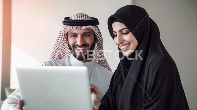 Integrating work with technology and technology, professionalism in performing tasks for professional development and achieving goals, a close-up portrait of two smiling Gulf Arab Saudi colleagues completing tasks via a laptop, pointing to the laptop, teamwork and one team spirit, white background.