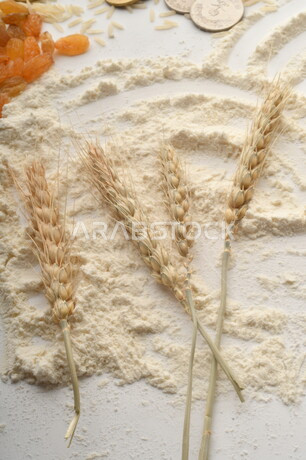 مجموعة من الأرز والزبيب والقمح والطحين والعملات المعدنية على خلفية بيضاء .