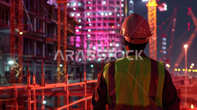 تطور ونمو القطاع الهندسي في المملكة، الاشراف على المشاريع في موقع العمل، صورة من الخلف لمهندس مدني شاب عربي خليجي سعودي يرتدي سترة وخوذة الحماية، مهن ووظائف هندسية سعودية