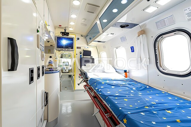 Comfortable and elegant hospital bed, advanced means of transportation in Saudi Arabia, interior designs and decorations for the emergency room inside the plane, travel with comfort and safety