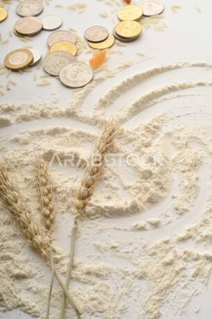 مجموعة من الأرز والزبيب والقمح والطحين والعملات المعدنية على خلفية بيضاء .
