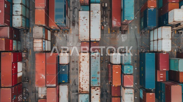 Transport and receipt of storage containers via the maritime economy, export and import of goods in Saudi Arabia through the use of modern advanced means, a picture from above of containers for shipping and storing commercial goods, trade of goods and local products via ships at sea