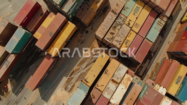 نقل واستلام كونتينرات التخزين عبر الاقتصاد البحري, تصدير وإستيراد البضاعة في السعودية من خلال استخدام الوسائل المتطورة الحديثه، , صورة من الاعلى لحاويات شحن وتخزين البضائع التجارية، تجارة السلع والمنتجات المحلية عبر السفن في البحار