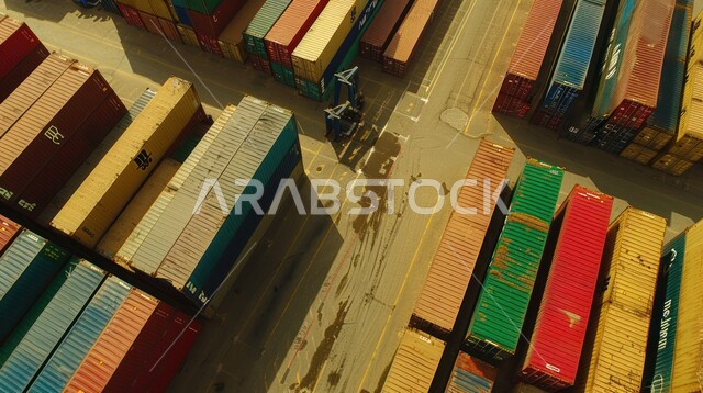 نقل واستلام كونتينرات التخزين عبر الاقتصاد البحري, تصدير وإستيراد البضاعة في السعودية من خلال استخدام الوسائل المتطورة الحديثه، , صورة من الاعلى لحاويات شحن وتخزين البضائع التجارية، تجارة السلع والمنتجات المحلية عبر السفن في البحار