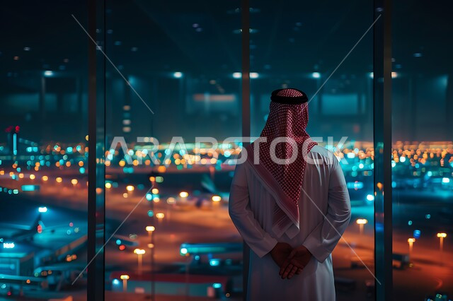 الفنون و التصاميم الهندسية المعمارية الحديثة، صورة من الخلف لرجل عربي خليجي سعودي يرتدي الشماغ والثوب التقليدي يقف في المطار ينظر إلى الطائرات، شركات و خطوط الطيران السعودي
