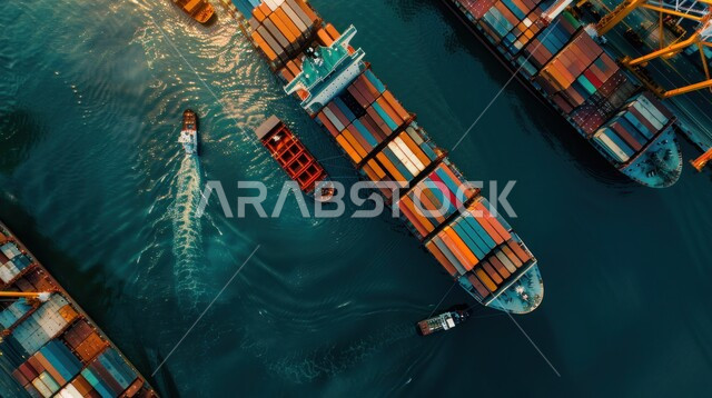 نقل واستلام كونتينرات التخزين عبر الاقتصاد البحري, تصدير وإستيراد البضاعة في السعودية من خلال استخدام الوسائل المتطورة الحديثه، موانئ شحن البضائع و الحاويات التجارية, صورة من الاعلى لتجارة السلع والمنتجات المحلية عبر السفن في البحار