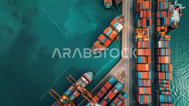 نقل واستلام كونتينرات التخزين عبر الاقتصاد البحري, تصدير وإستيراد البضاعة في السعودية من خلال استخدام الوسائل المتطورة الحديثه، موانئ شحن البضائع و الحاويات التجارية, صورة من الاعلى لتجارة السلع والمنتجات المحلية عبر السفن في البحار