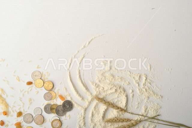 مجموعة من الأرز والزبيب والقمح والطحين والعملات المعدنية على خلفية بيضاء .