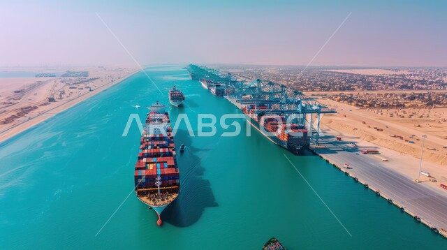 Trading of goods and local products via ships at sea, transporting and receiving storage containers via the maritime economy, exporting and importing goods in Saudi Arabia through the use of modern advanced means, ports for shipping goods and commercial containers