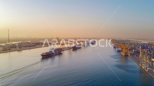 Export and import of goods in Saudi Arabia through the use of modern advanced means, trade of goods and local products via ships at sea, transport and receipt of storage containers via the maritime economy, ports for shipping goods and commercial containers