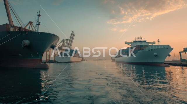 تصدير وإستيراد البضاعة في السعودية من خلال استخدام الوسائل المتطورة الحديثه، صورة مقربة لسفن التجارة في البحر، نقل واستلام كونتينرات التخزين عبر الاقتصاد البحري, موانئ شحن البضائع و الحاويات التجارية