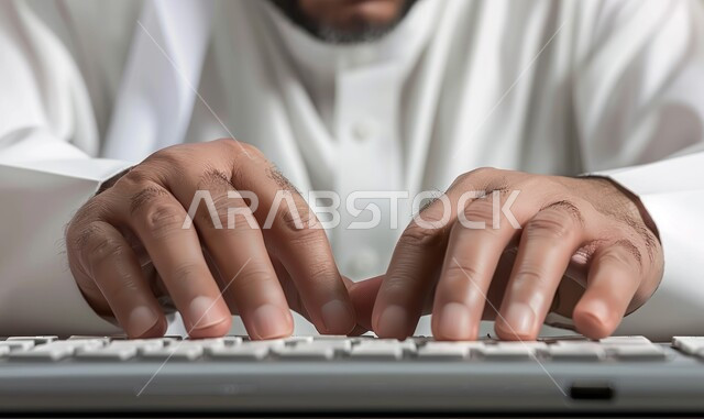 تنظيم و ادارة المهام عبر التكنولوجية المتطورة، تصوير مقرب ليدين رجل عربي خليجي سعودي يرتدي الثوب التقليدي  يقوم بالضغط على ازرار لوحة المفاتيح الخاصة بالحاسب المحمول، استخدام الاجهزة والتقنيات الحديثة في العمل