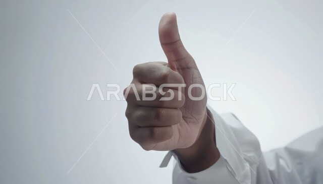 الاعجاب والرضا لتحقيق أمر معين, علامة الجودة والامتياز, بورتريه ليد رجل عربي خليجي سعودي يرفع ابهامه بإيماءات الموافقة والقبول, مفهوم النجاح والفوز, خلفية رمادية