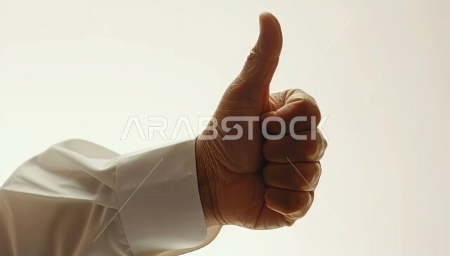 Admiration and satisfaction for achieving a certain thing, mark of quality and excellence, portrait of a hand of a Saudi Arabian Gulf man raising his thumb with gestures of approval and acceptance, concept of success and victory, gray background