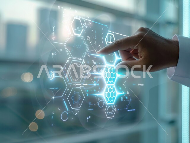 التفاعل اليدوي مع الواجهة الرقمية ثلاثية الابعاد، انجاز المهام باستخدام التقنيات التكنولوجية الحديثة، بورتريه ليد رجل عربي خليجي سعودي ينقر على الشاشة، مفهوم تنمية الاعمال، تحسين كفاءة العمل, شاشات الكترونية مضيئة