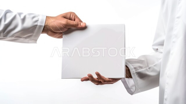 استخدام لوحات توضيحية تعريفية، اوراق بيضاء مربع، بورتريه مقرب لرجل عربي خليجي سعودي يرتدي الثوب التقليدي يحمل بيده موك اب فارغ، إعلانات وعروضات تسويقية،, خلفية بيضاء