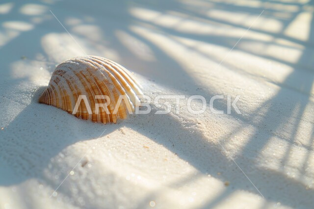 الثروة المائية والبيئة الطبيعية، صورة مقربة لصدفة بحرية على الرمال البيضاء مع ظلال أشجار النخيل، المدن والمعالم الساحلية، الرمال الشاطئية على الواجهة البحرية في المملكة العربية السعودية